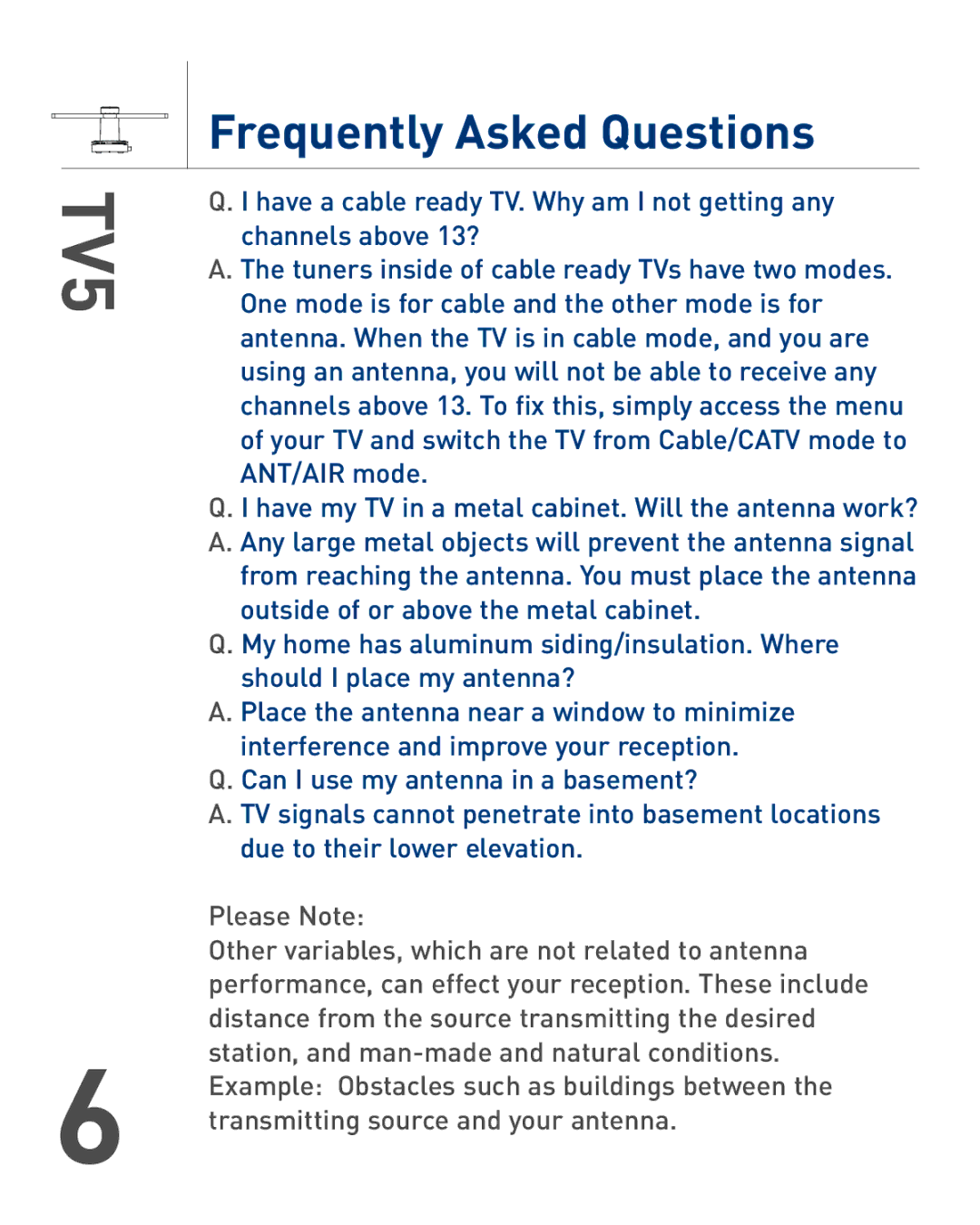 Audiovox TERK TV5 warranty Frequently Asked Questions 