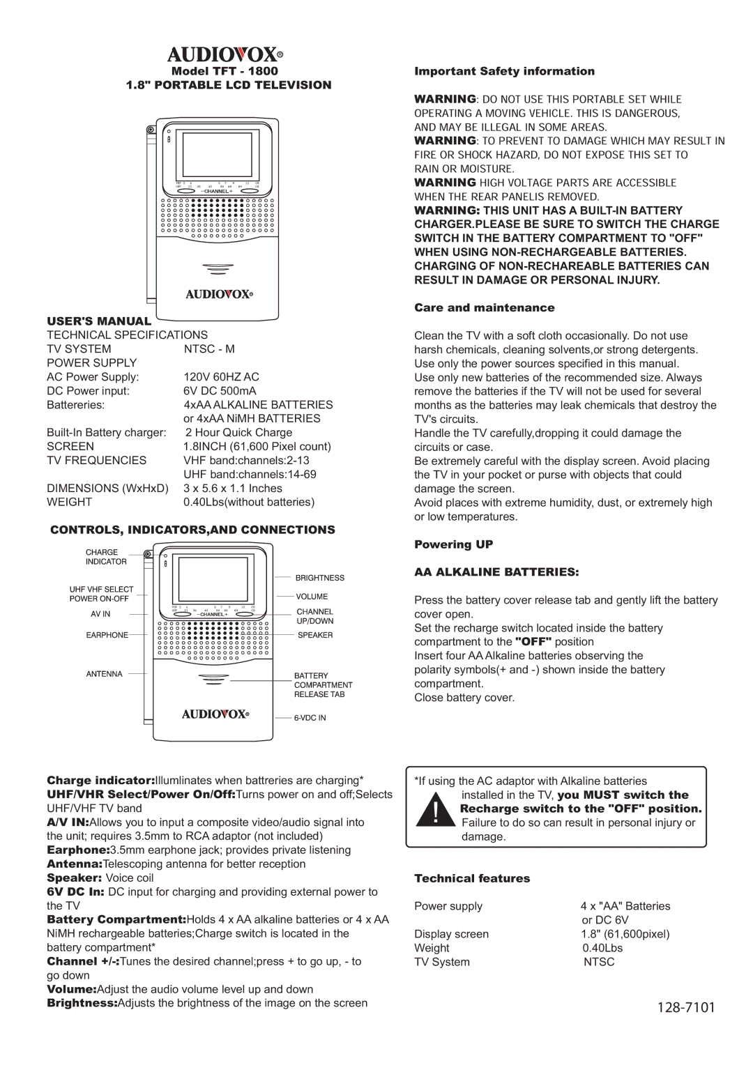 Audiovox TFT - 1800 user manual Portable LCD Television, CONTROLS, INDICATORS,AND Connections, AA Alkaline Batteries 