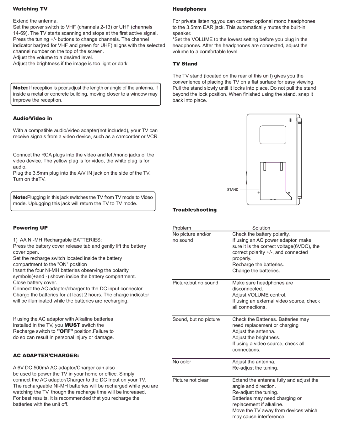 Audiovox TFT - 1800 user manual Watching TV Headphones, Audio/Video, Ac Adapter/Charger, TV Stand, Troubleshooting 