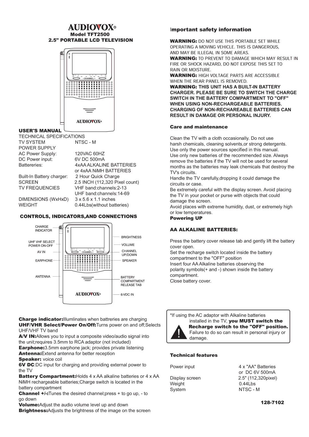 Audiovox TFT2500 user manual Portable LCD Television, CONTROLS, INDICATORS,AND Connections, AA Alkaline Batteries 