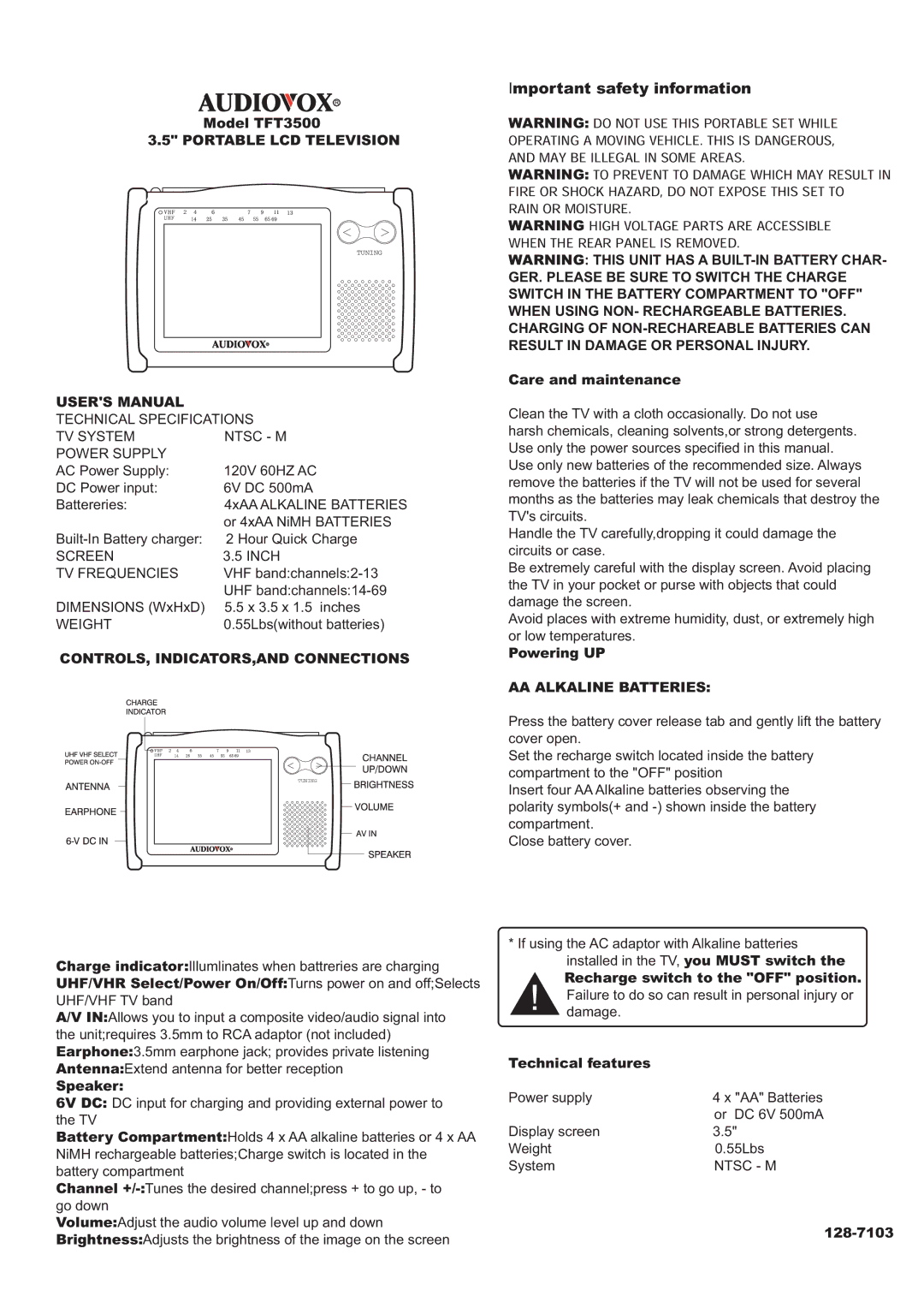 Audiovox TFT3500 user manual Portable LCD Television, CONTROLS, INDICATORS,AND Connections, AA Alkaline Batteries 