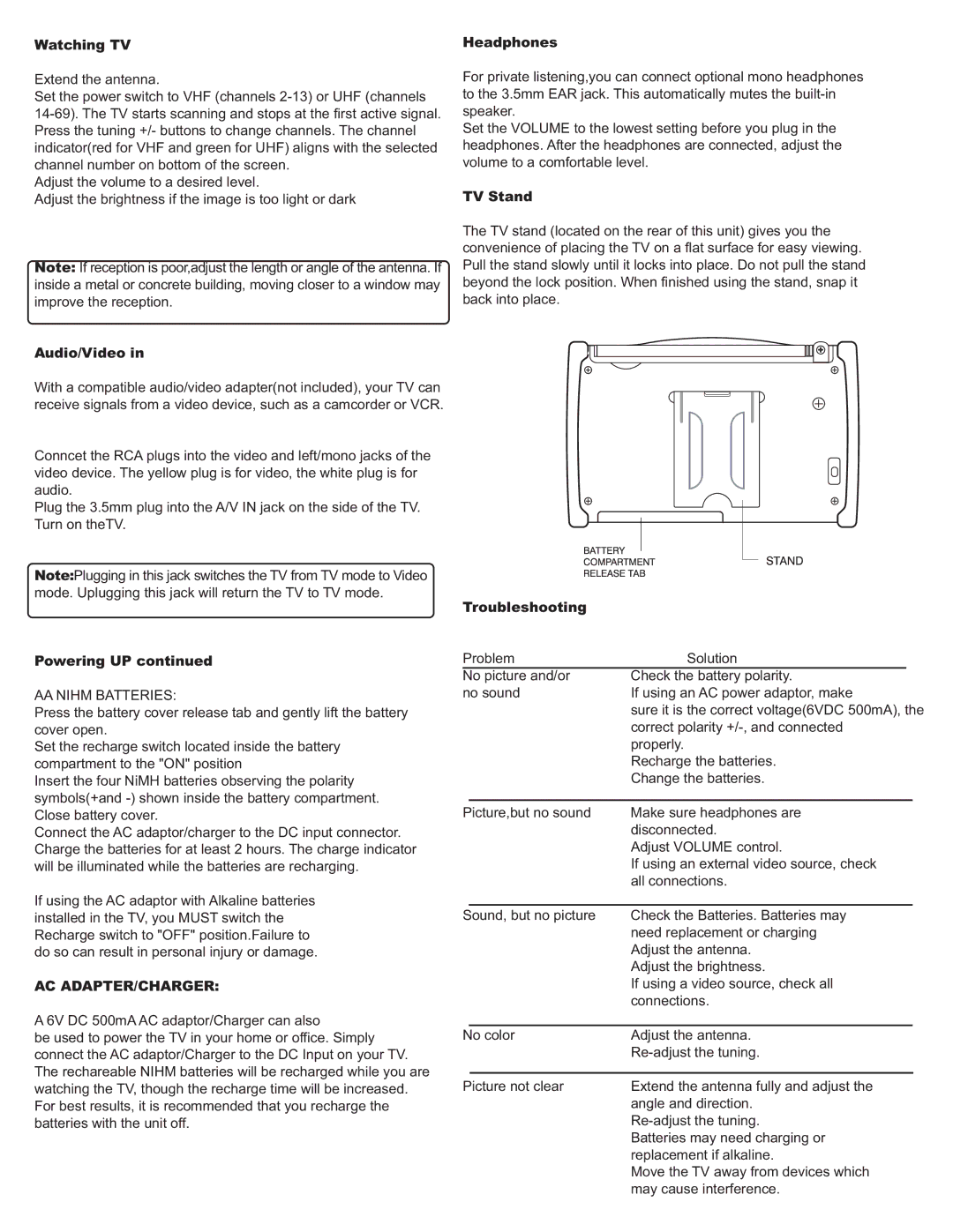 Audiovox TFT3500 user manual Ac Adapter/Charger 