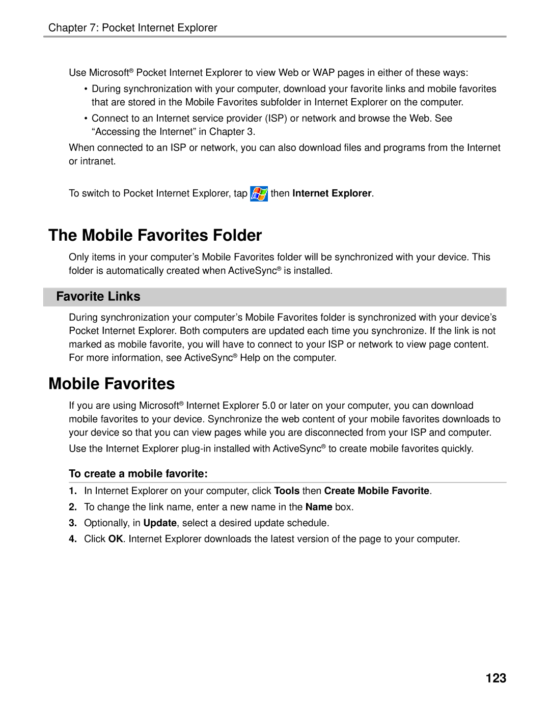 Audiovox Thero manual Mobile Favorites Folder, Favorite Links, 123, To create a mobile favorite 