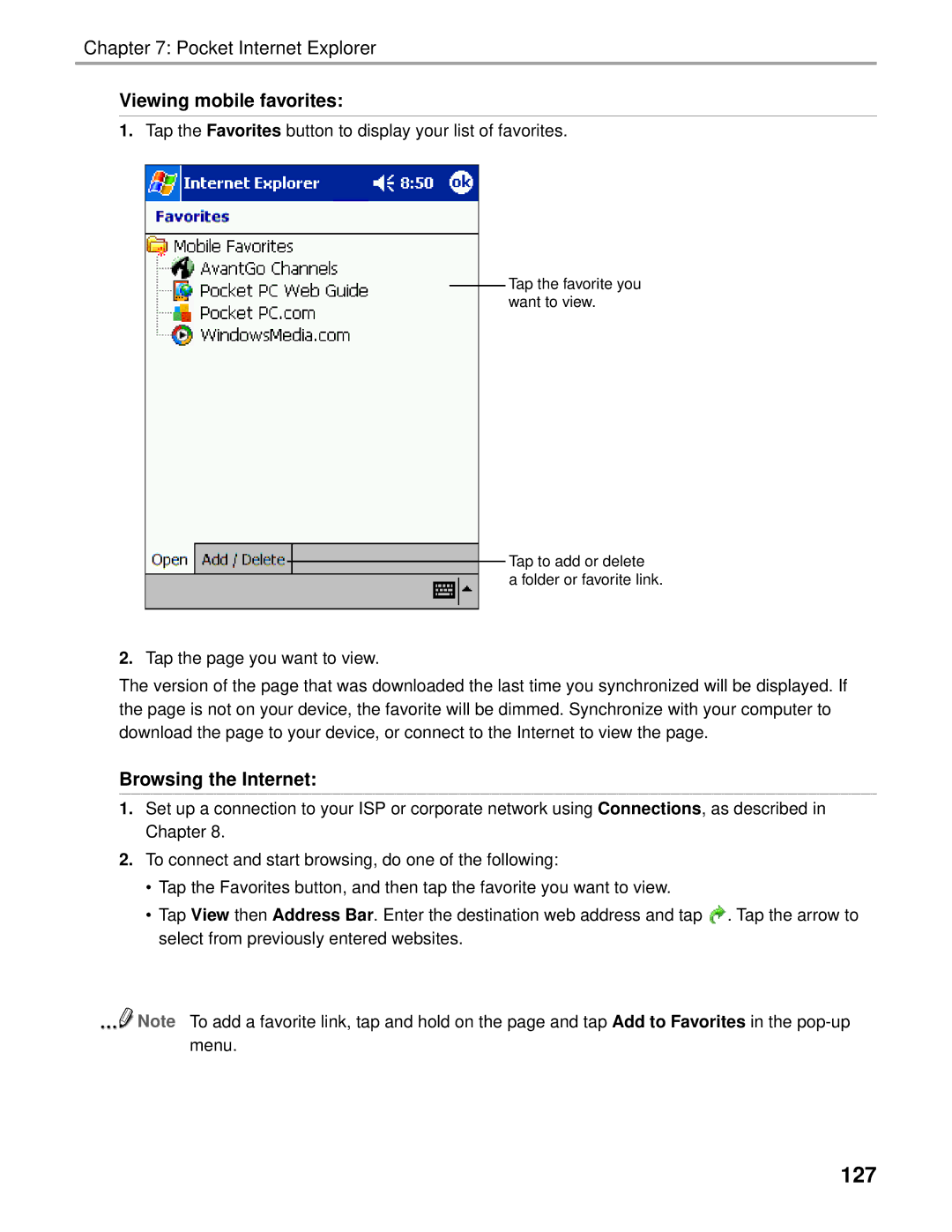 Audiovox Thero manual 127, Viewing mobile favorites, Browsing the Internet 