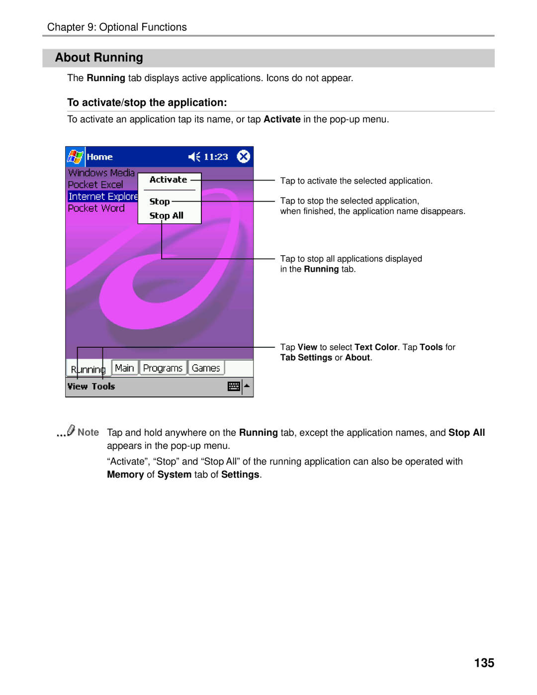 Audiovox Thero manual About Running, 135, To activate/stop the application 