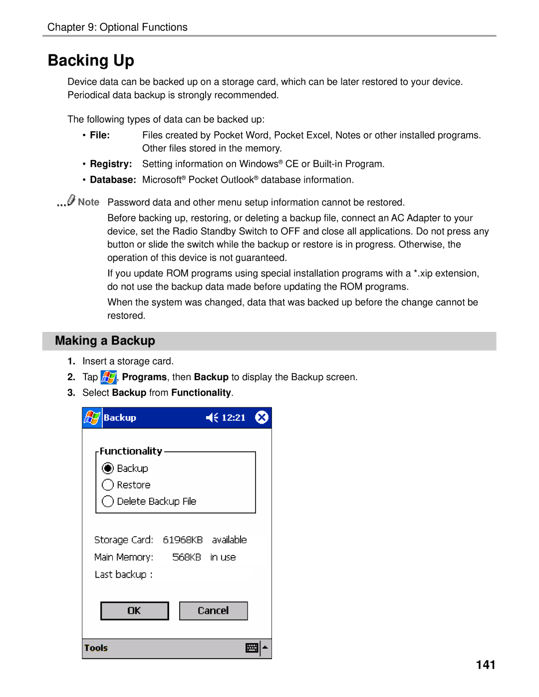 Audiovox Thero manual Backing Up, Making a Backup, 141 