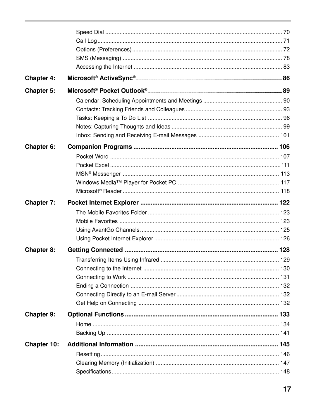 Audiovox Thero manual Chapter Microsoft, Chapter Companion Programs 106, Chapter Pocket Internet Explorer 122 