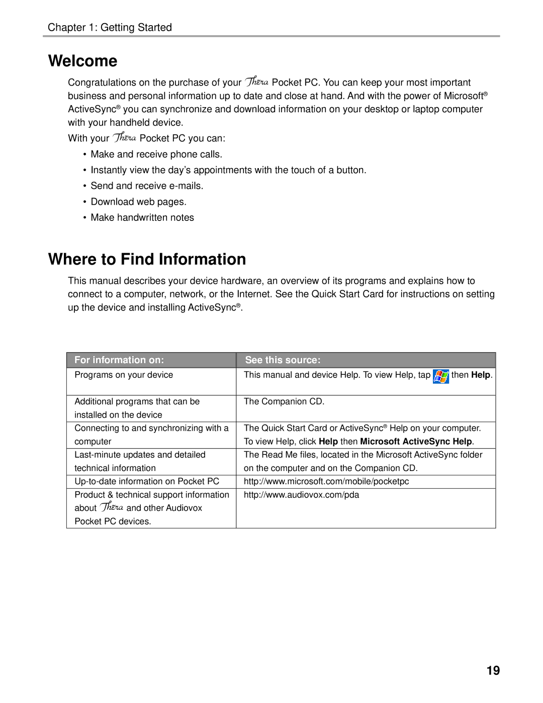 Audiovox Thero manual Welcome, Where to Find Information 