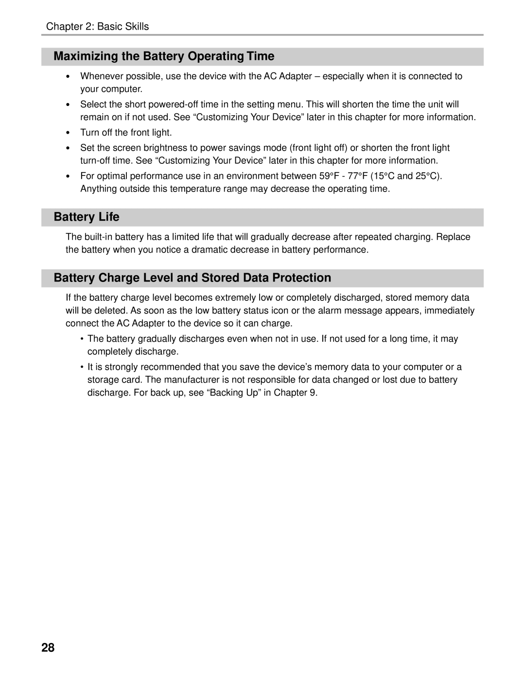 Audiovox Thero manual Maximizing the Battery Operating Time, Battery Life, Battery Charge Level and Stored Data Protection 