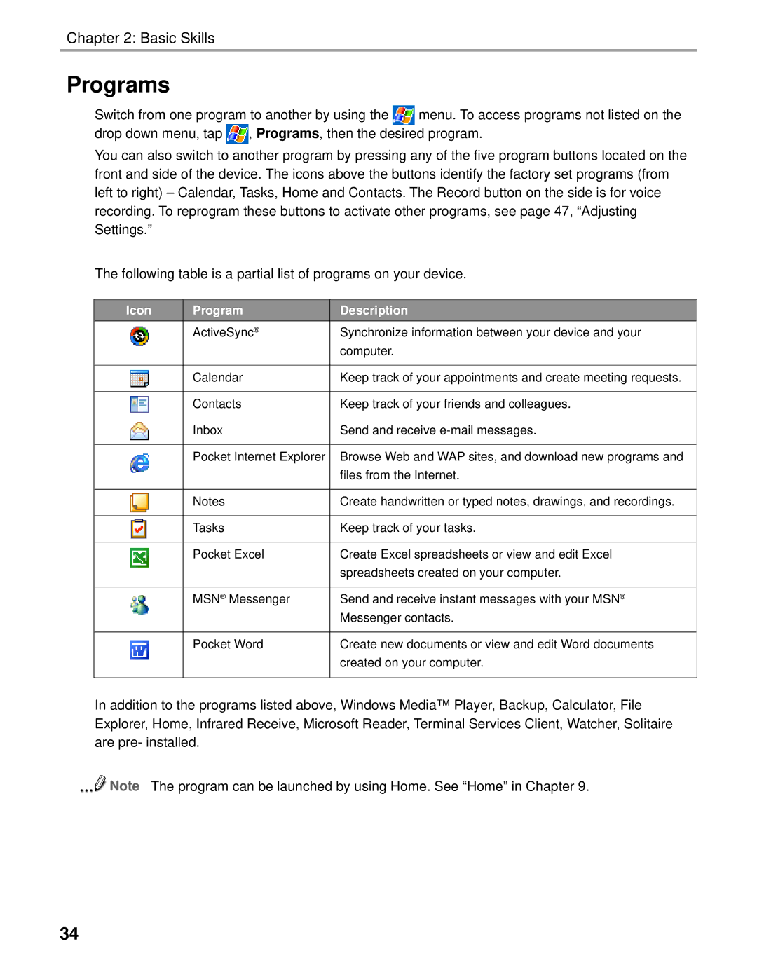 Audiovox Thero manual Programs, Icon Program Description 