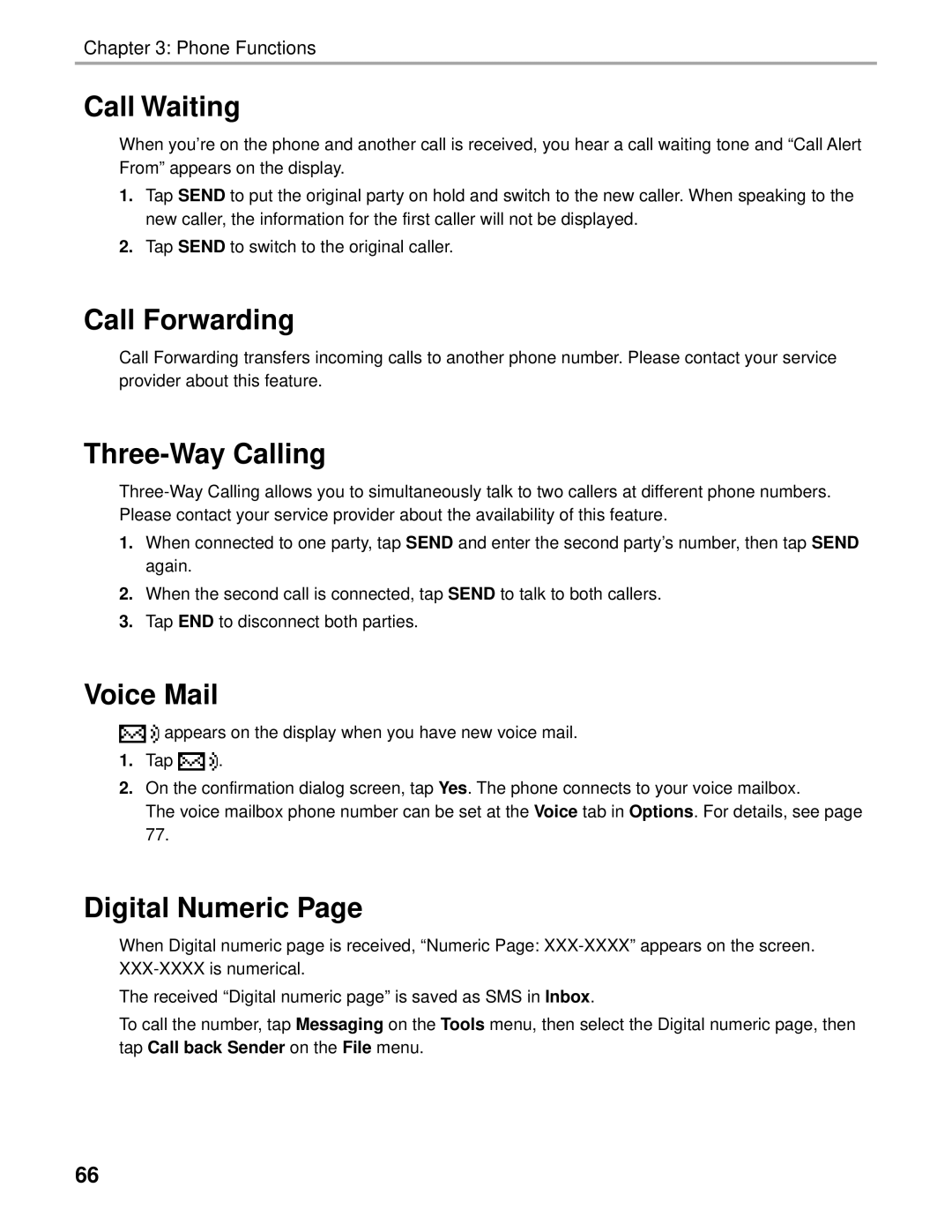 Audiovox Thero manual Call Waiting, Call Forwarding, Three-Way Calling, Voice Mail, Digital Numeric 