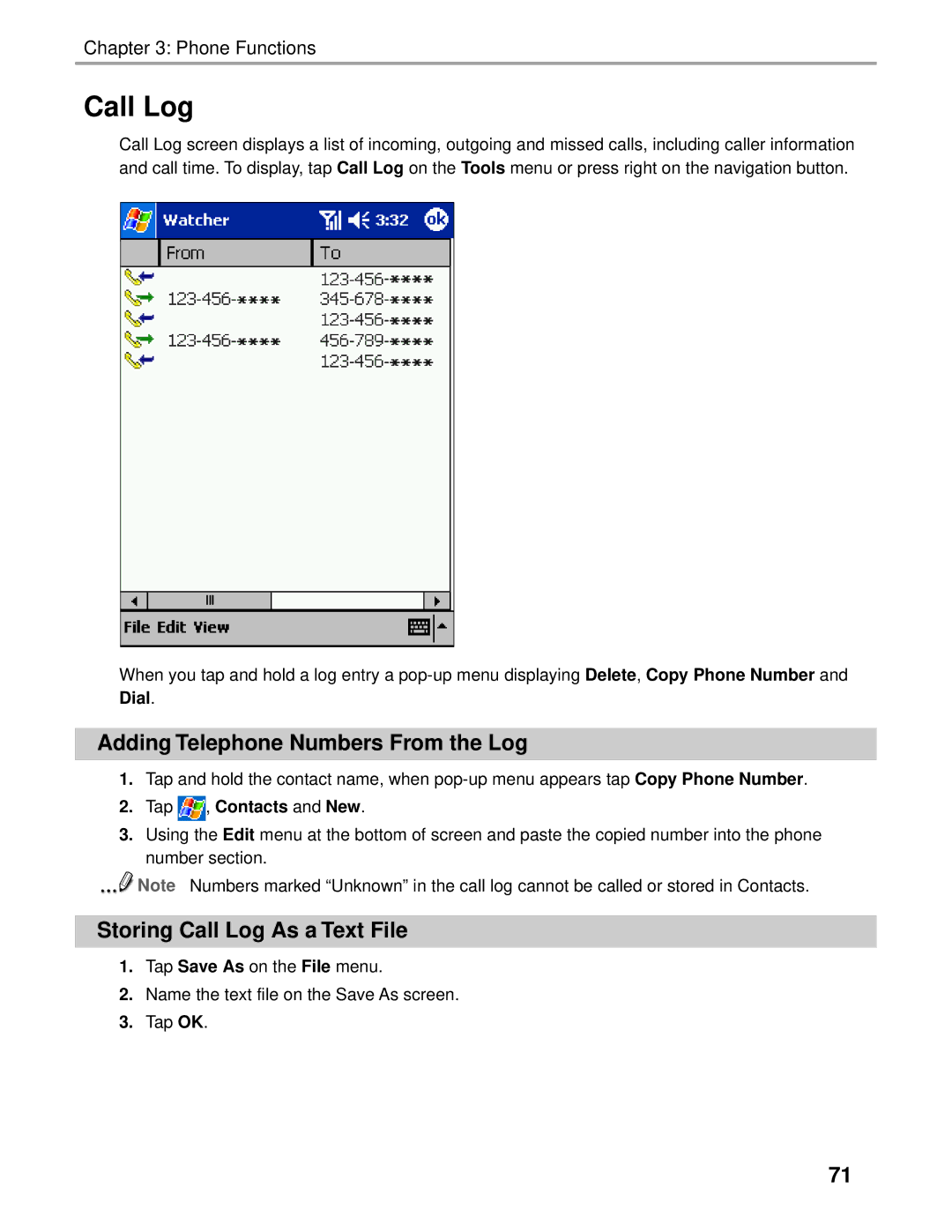 Audiovox Thero manual Adding Telephone Numbers From the Log, Storing Call Log As a Text File 