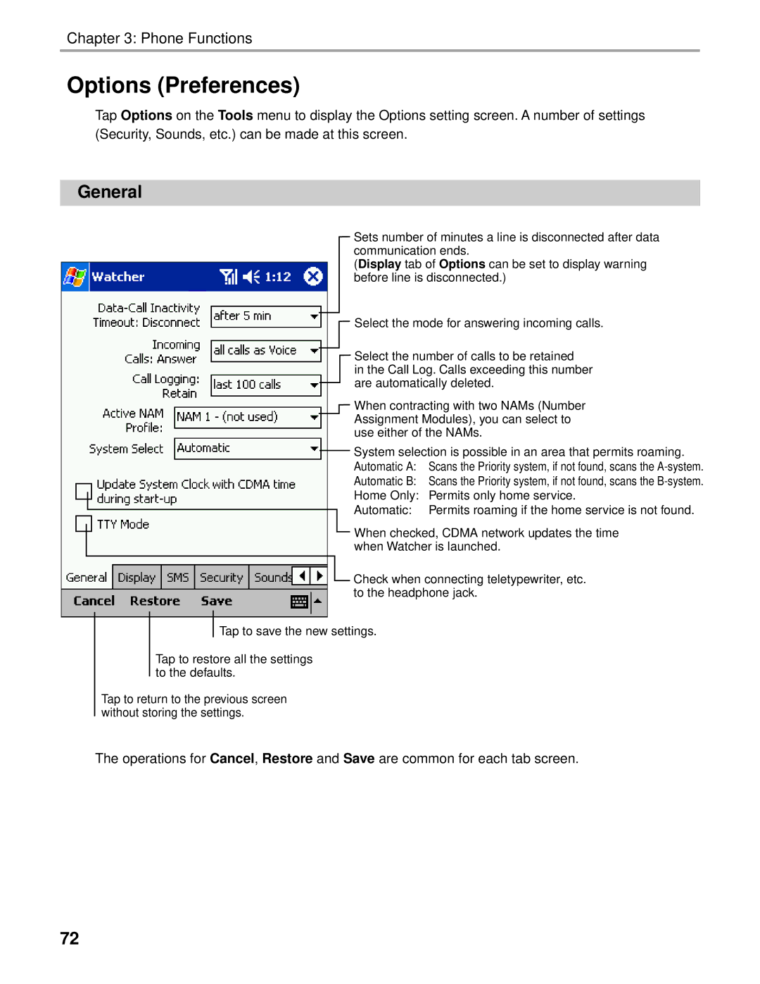 Audiovox Thero manual Options Preferences, General 