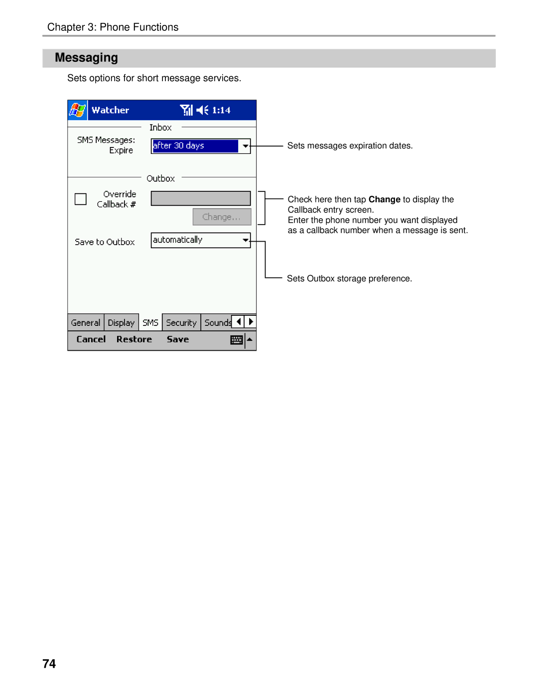 Audiovox Thero manual Messaging, Sets options for short message services 