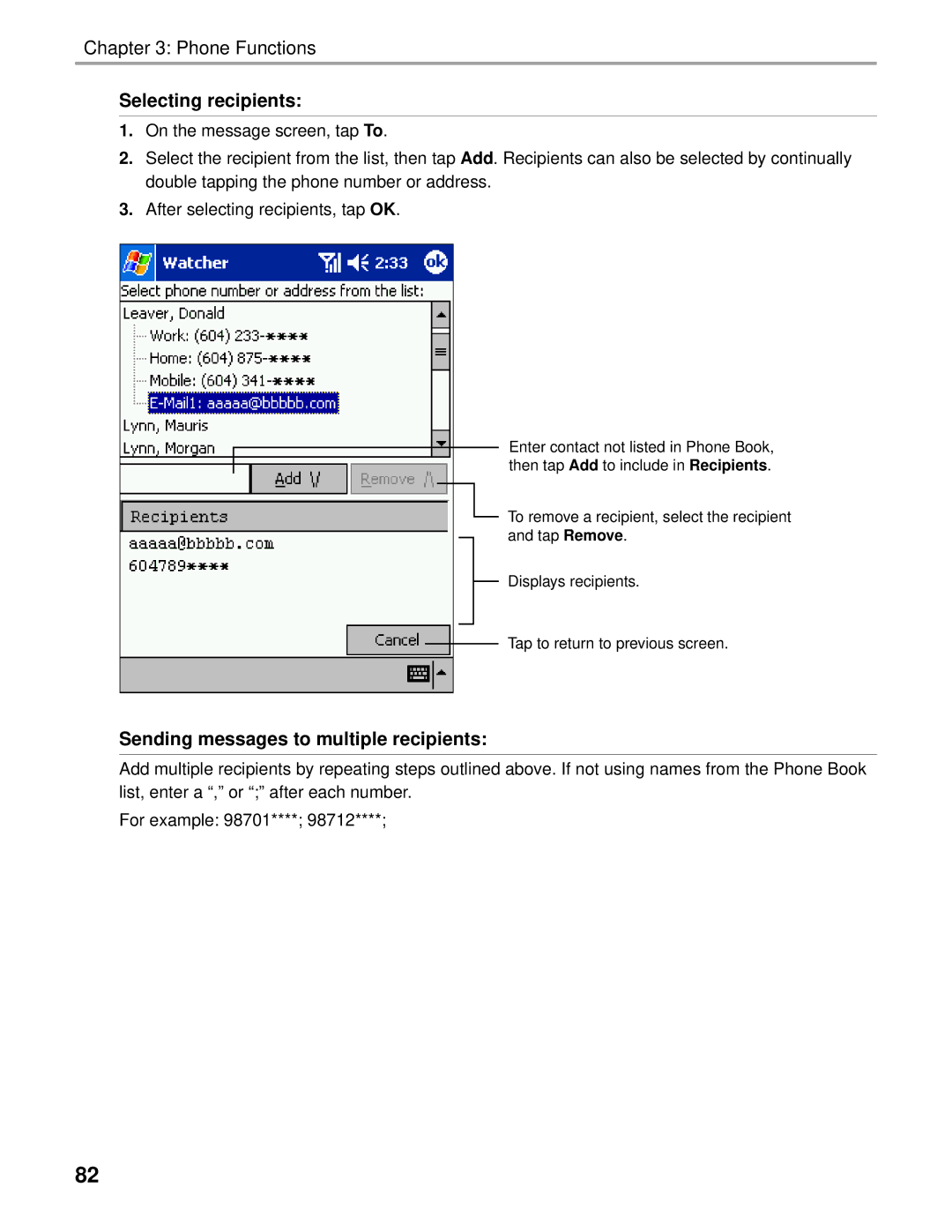 Audiovox Thero manual Selecting recipients, Sending messages to multiple recipients 