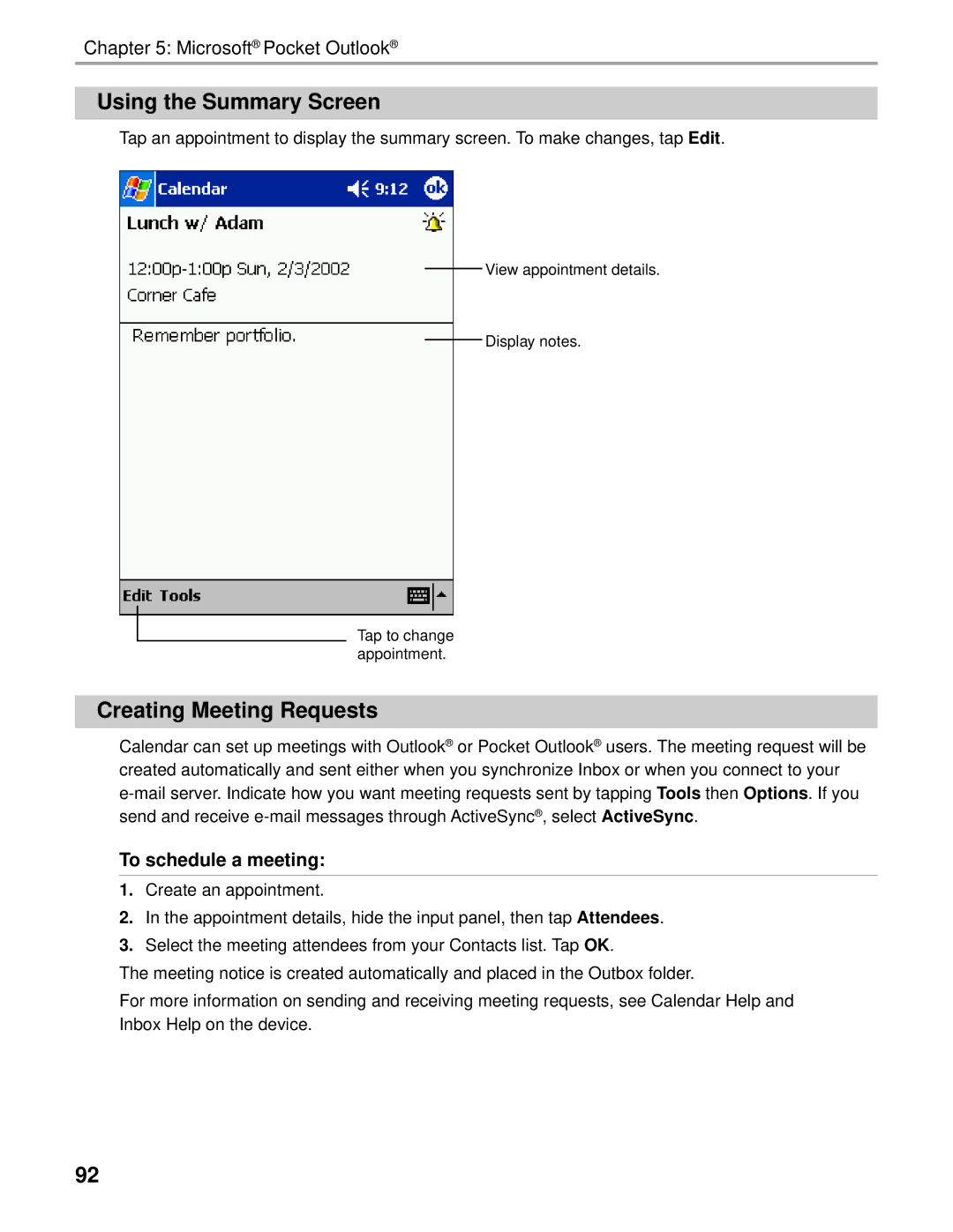 Audiovox Thero manual Using the Summary Screen, Creating Meeting Requests, To schedule a meeting 