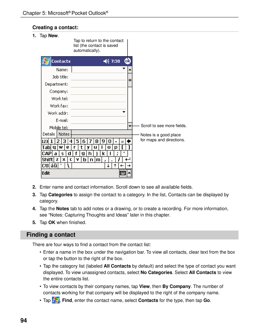 Audiovox Thero manual Finding a contact, Creating a contact 