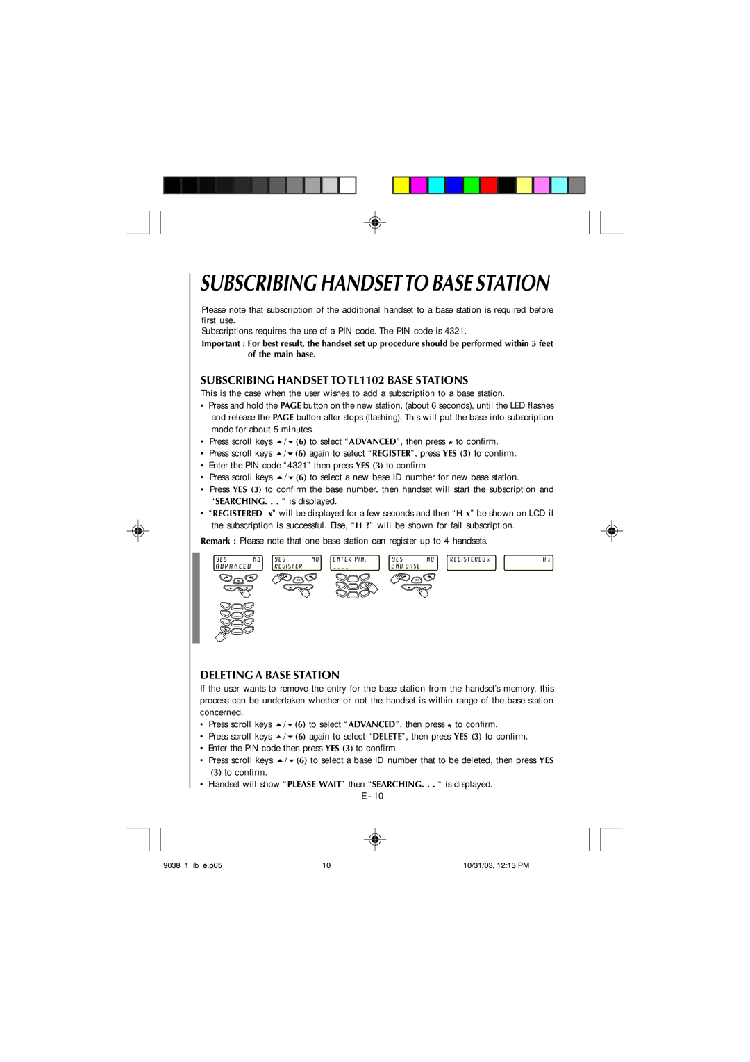 Audiovox 4GHz Subscribing Handsetto Base Station, Subscribing Handset to TL1102 Base Stations, Deleting a Base Station 