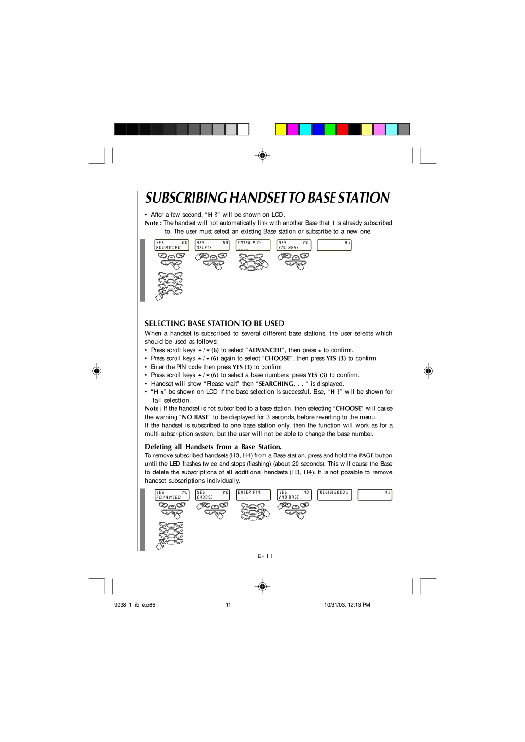 Audiovox TL1102, 4GHz owner manual Selecting Base Station to be Used, Deleting all Handsets from a Base Station 