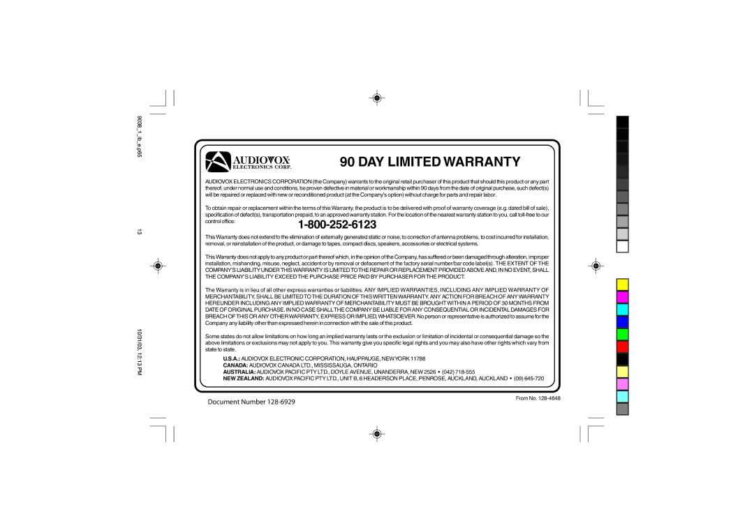 Audiovox TL1102, 4GHz owner manual DAY Limited Warranty 