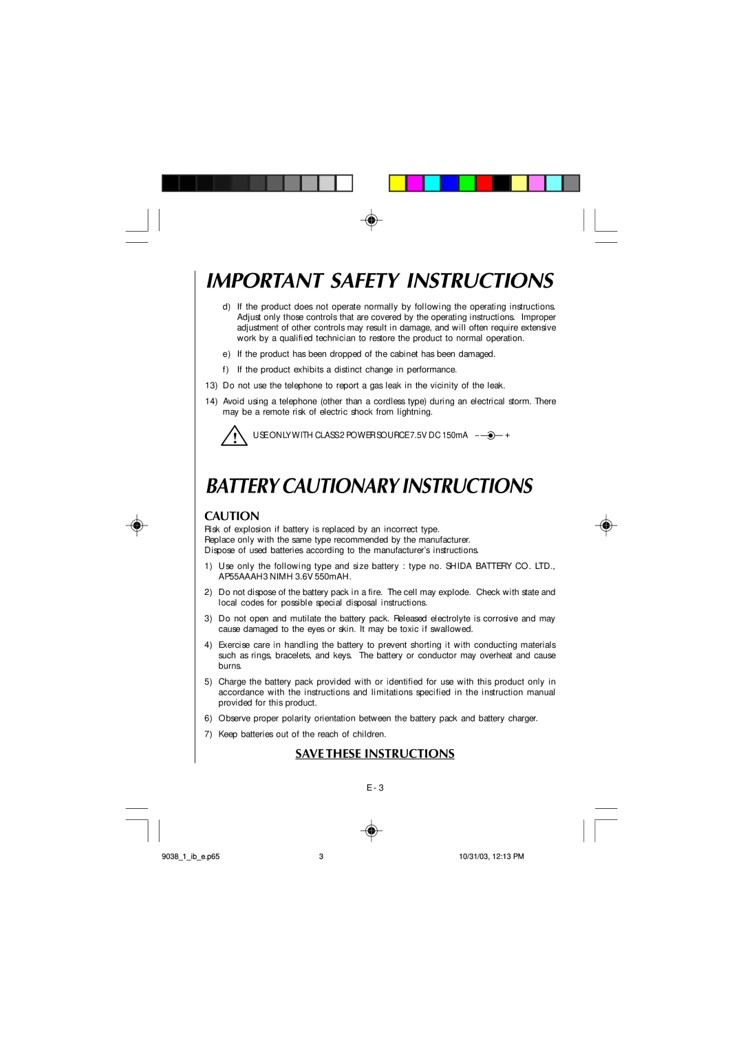 Audiovox TL1102, 4GHz owner manual Battery Cautionary Instructions 