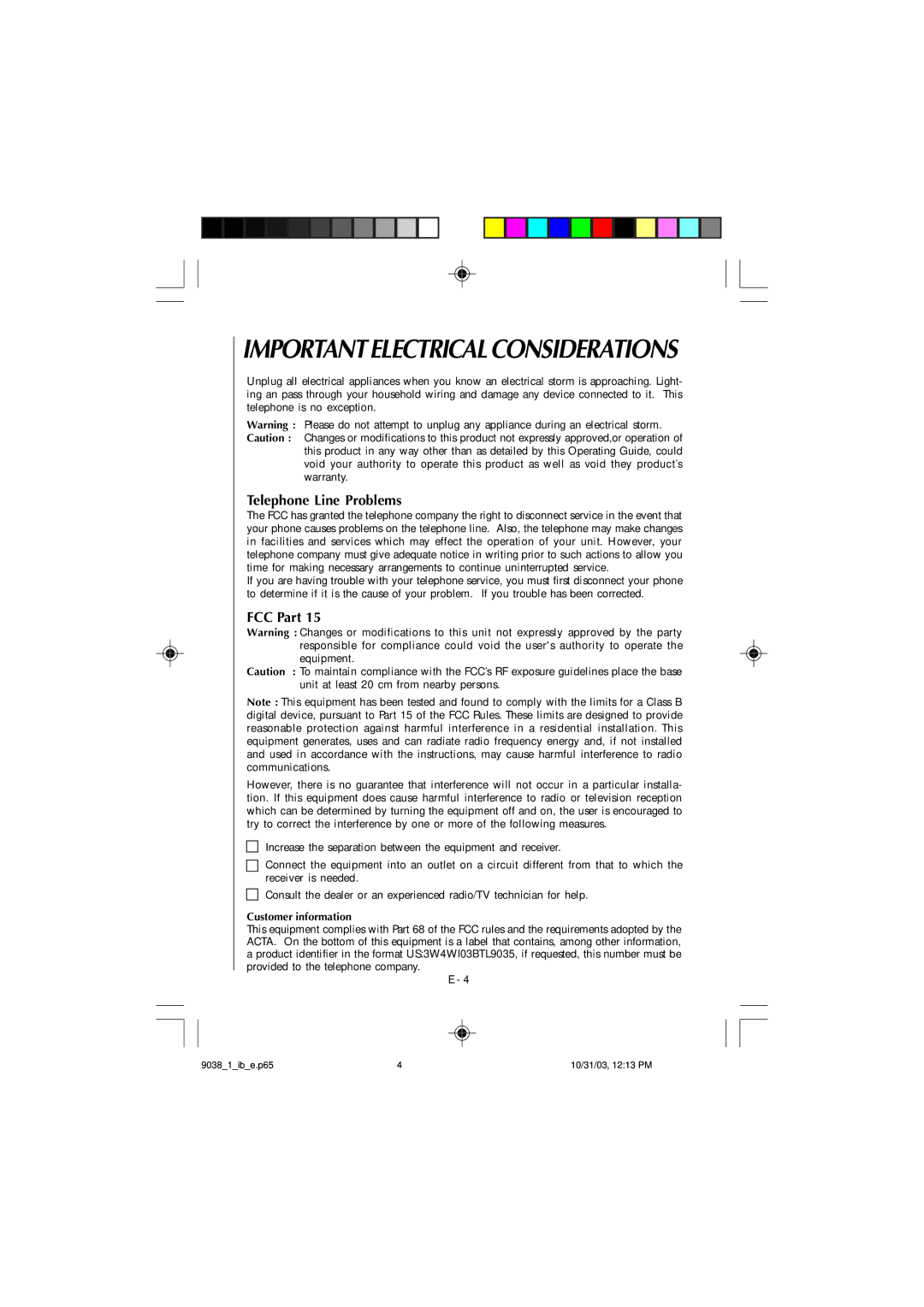 Audiovox 4GHz, TL1102 owner manual Importantelectricalconsiderations, Telephone Line Problems 