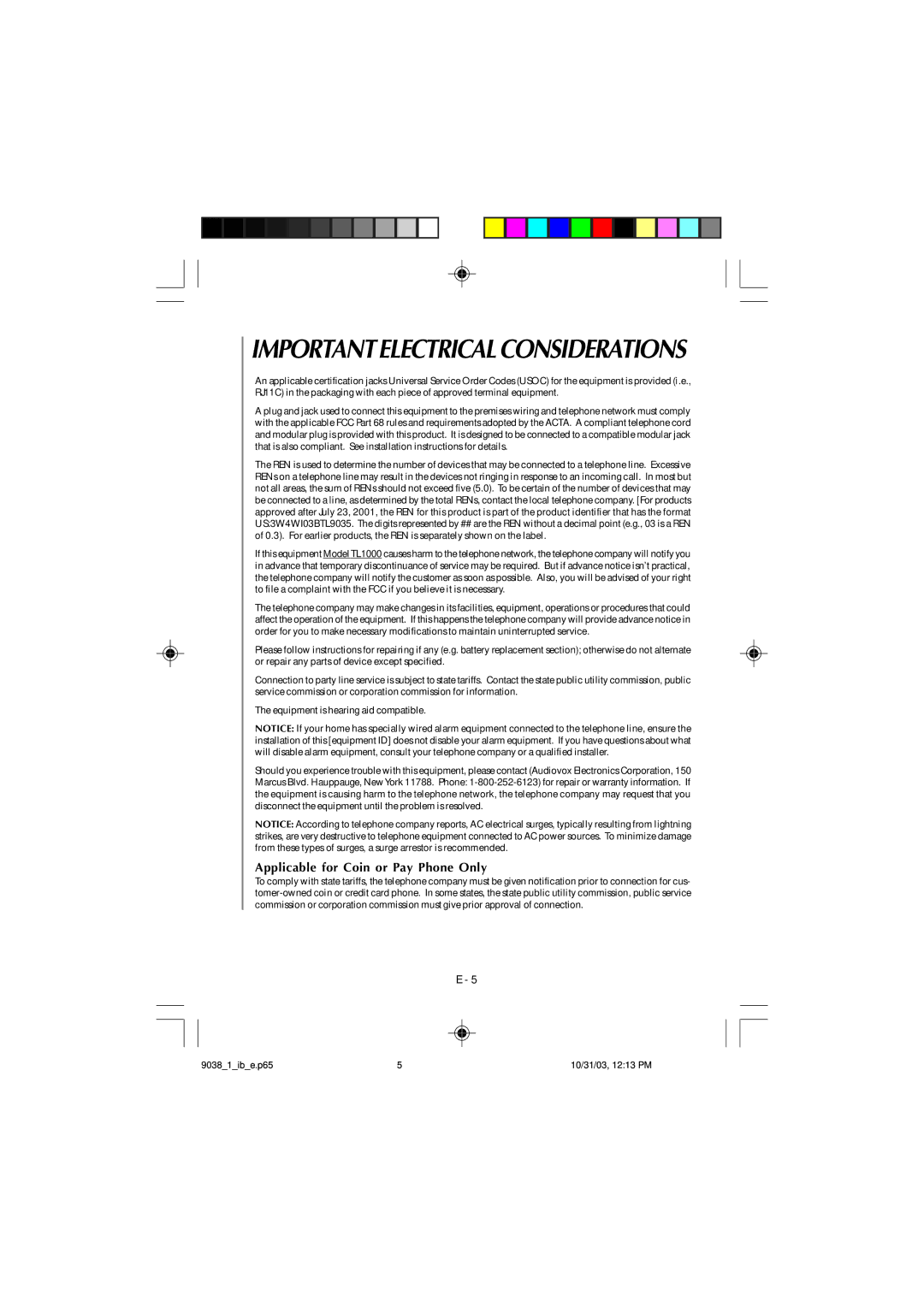 Audiovox TL1102, 4GHz owner manual Applicable for Coin or Pay Phone Only 