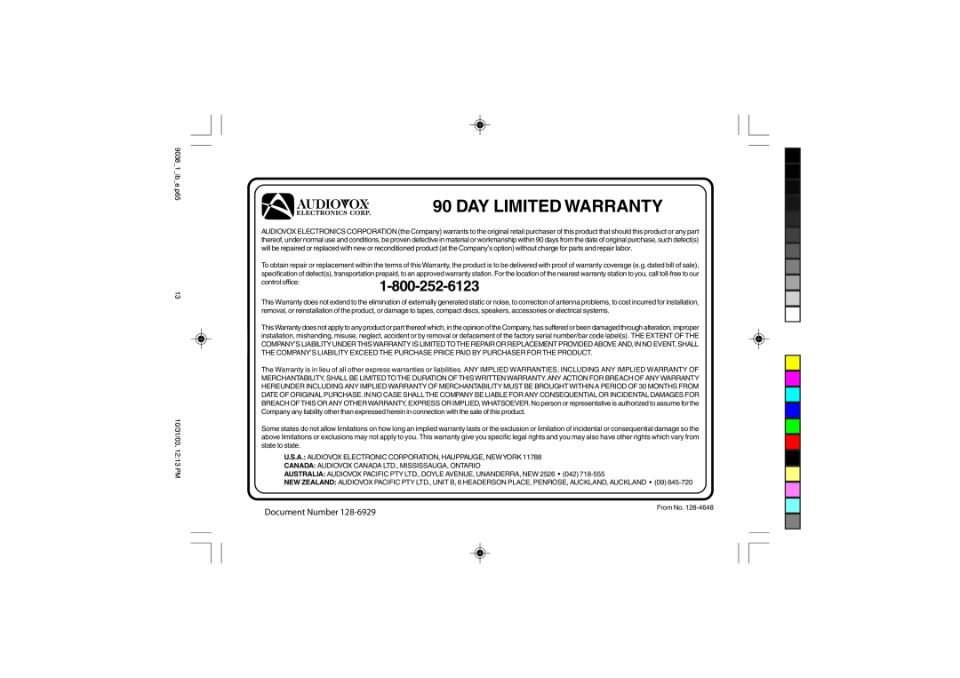 Audiovox TL1102, 4GHz owner manual Day Limited Warranty, Document Number 