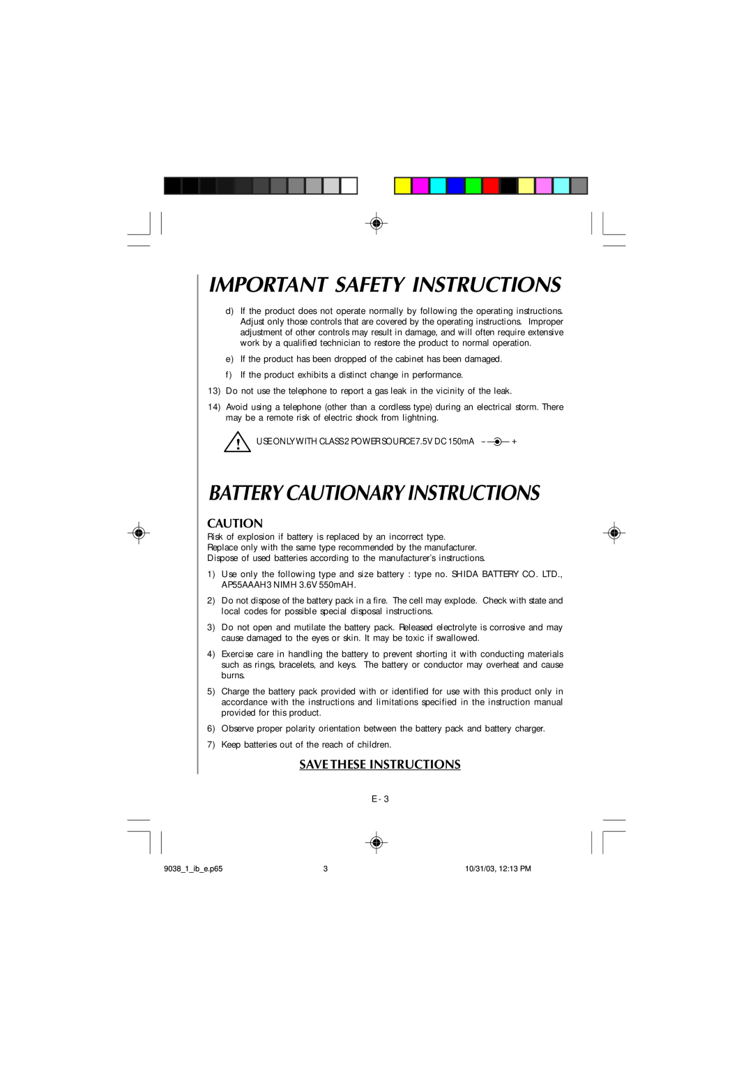 Audiovox TL1102, 4GHz owner manual Battery Cautionary Instructions, Save These Instructions, Important Safety Instructions 