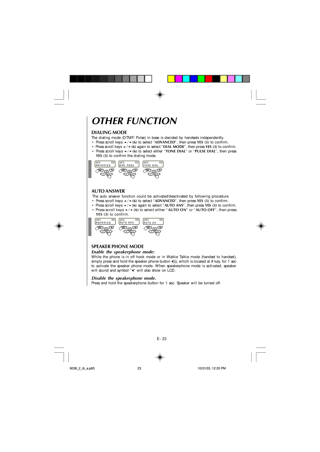 Audiovox TL9038, Dual Handset Cordless Phone owner manual Other Function, Dialing Mode, Auto Answer, Speaker Phone Mode 