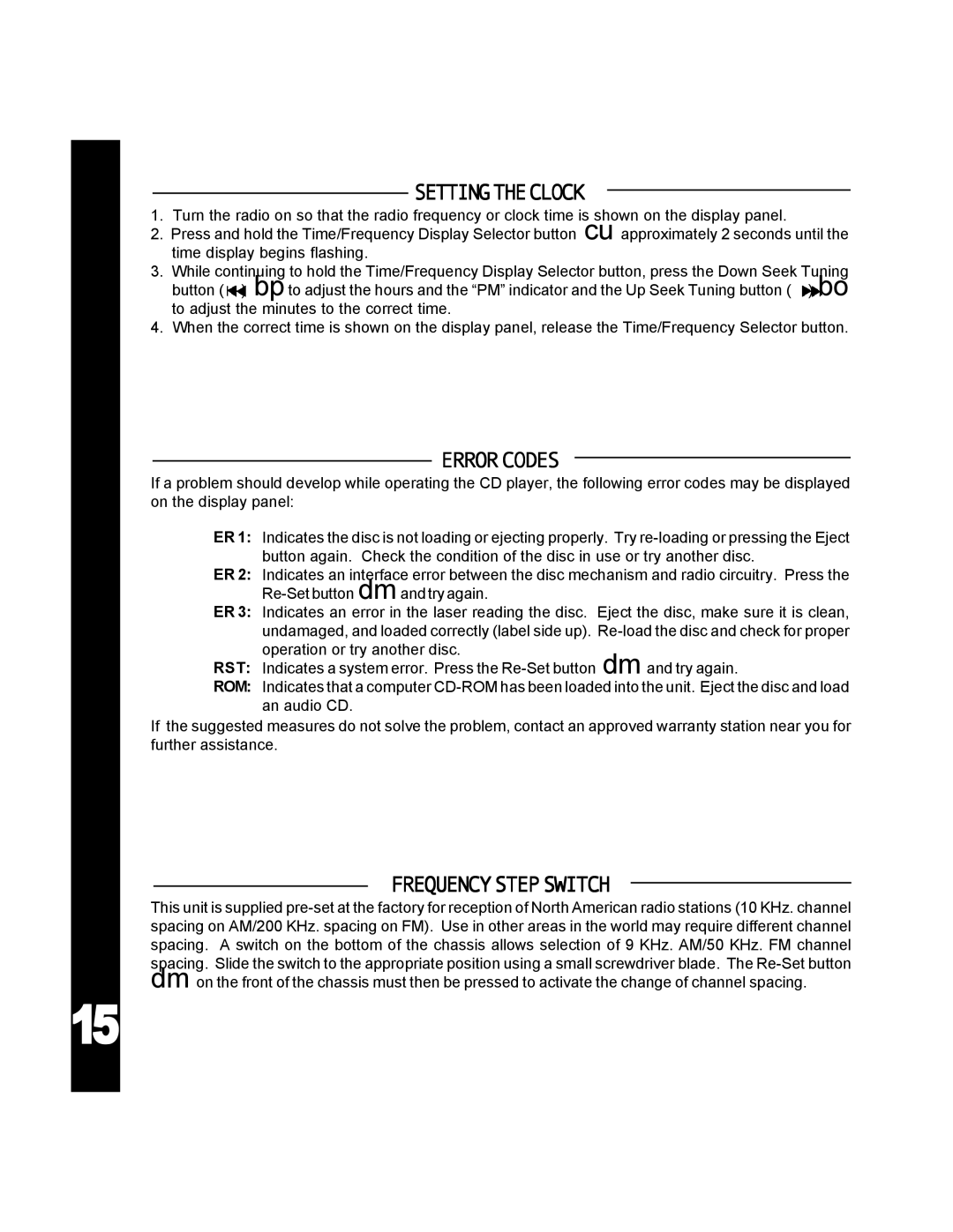 Audiovox TRY32 manual Settingtheclock, Errorcodes, Frequencystepswitch 