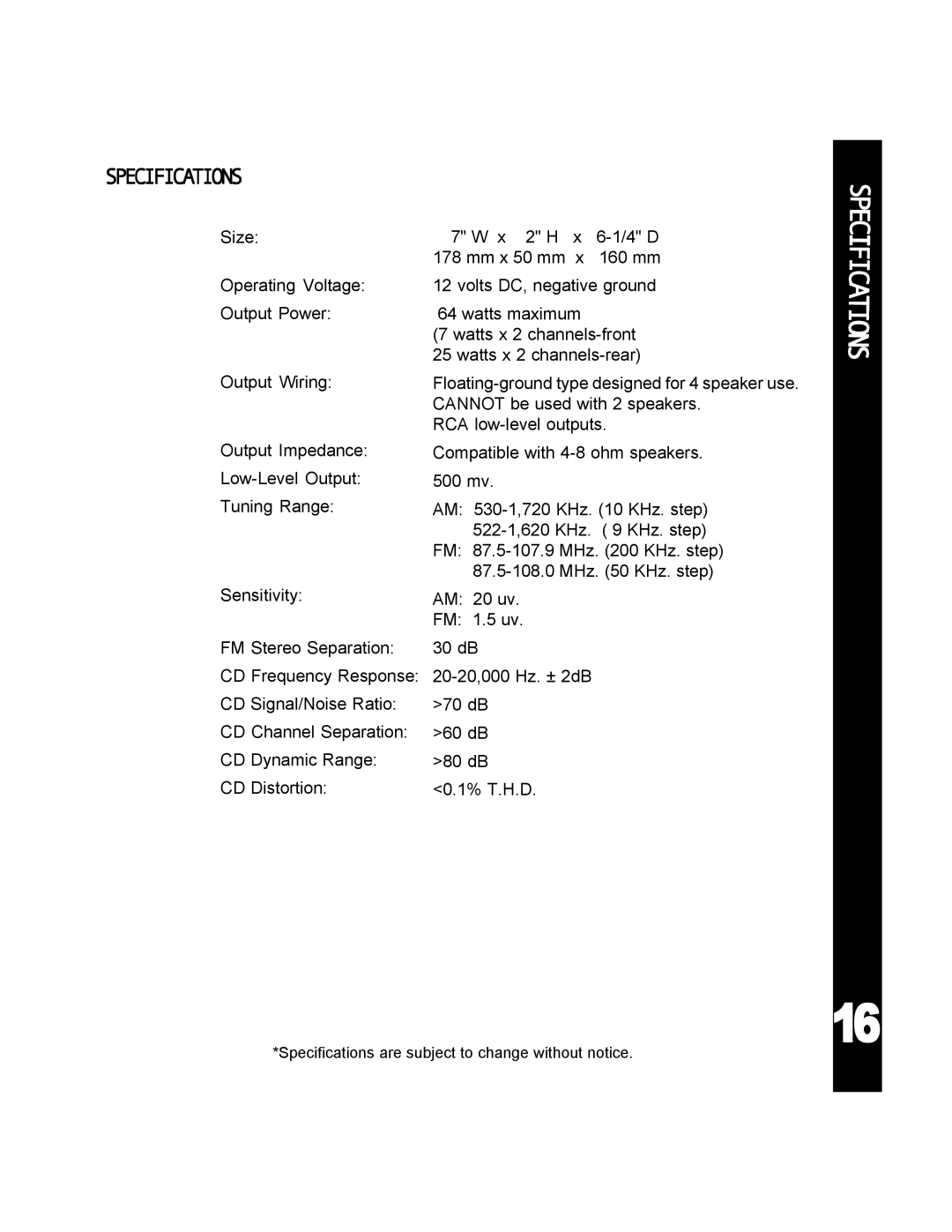 Audiovox TRY32 manual Specifications 