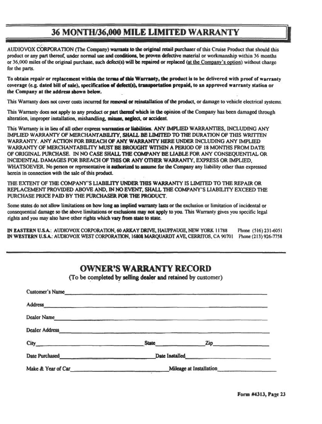 Audiovox TV Cables manual Ownersw Arranty Record, DateInstalled, Form #4313,Pa~e23, Ineasternu.S.A 