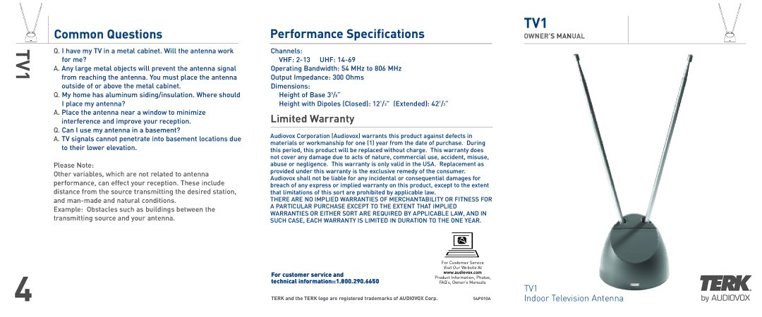 Audiovox TV1 warranty Common Questions, Performance Specifications, Limited Warranty 