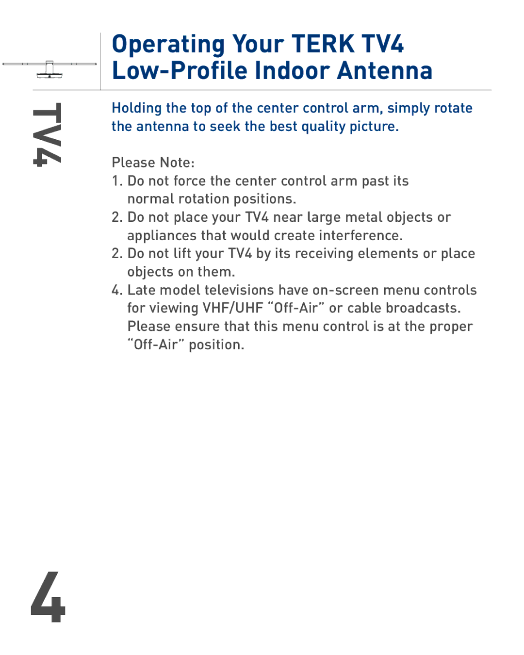 Audiovox owner manual Operating Your Terk TV4 Low-Profile Indoor Antenna 