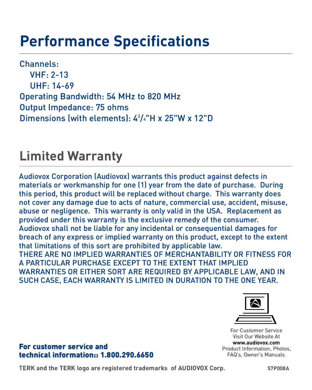 Audiovox TV4 owner manual Performance Specifications, Limited Warranty 