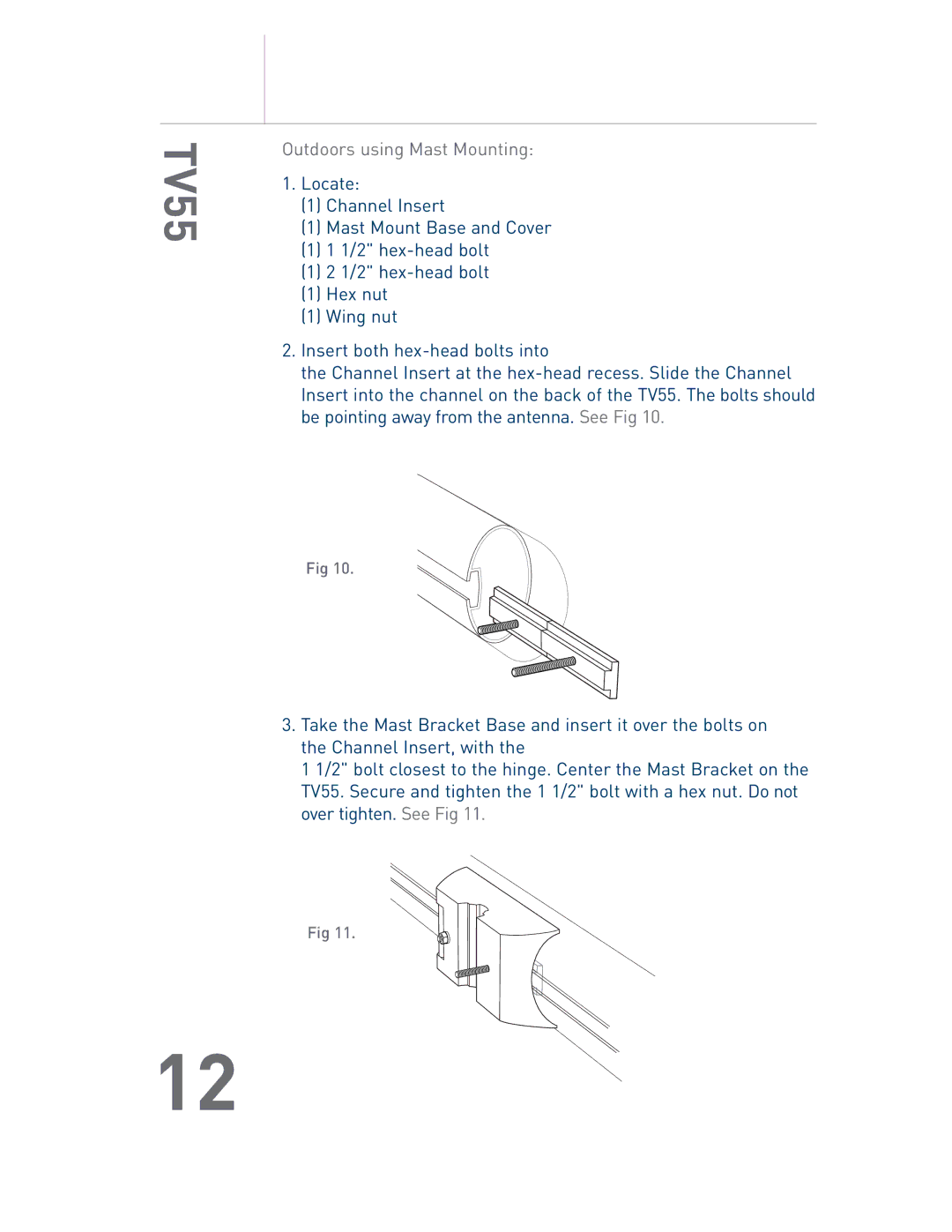 Audiovox TV55 owner manual Outdoors using Mast Mounting 