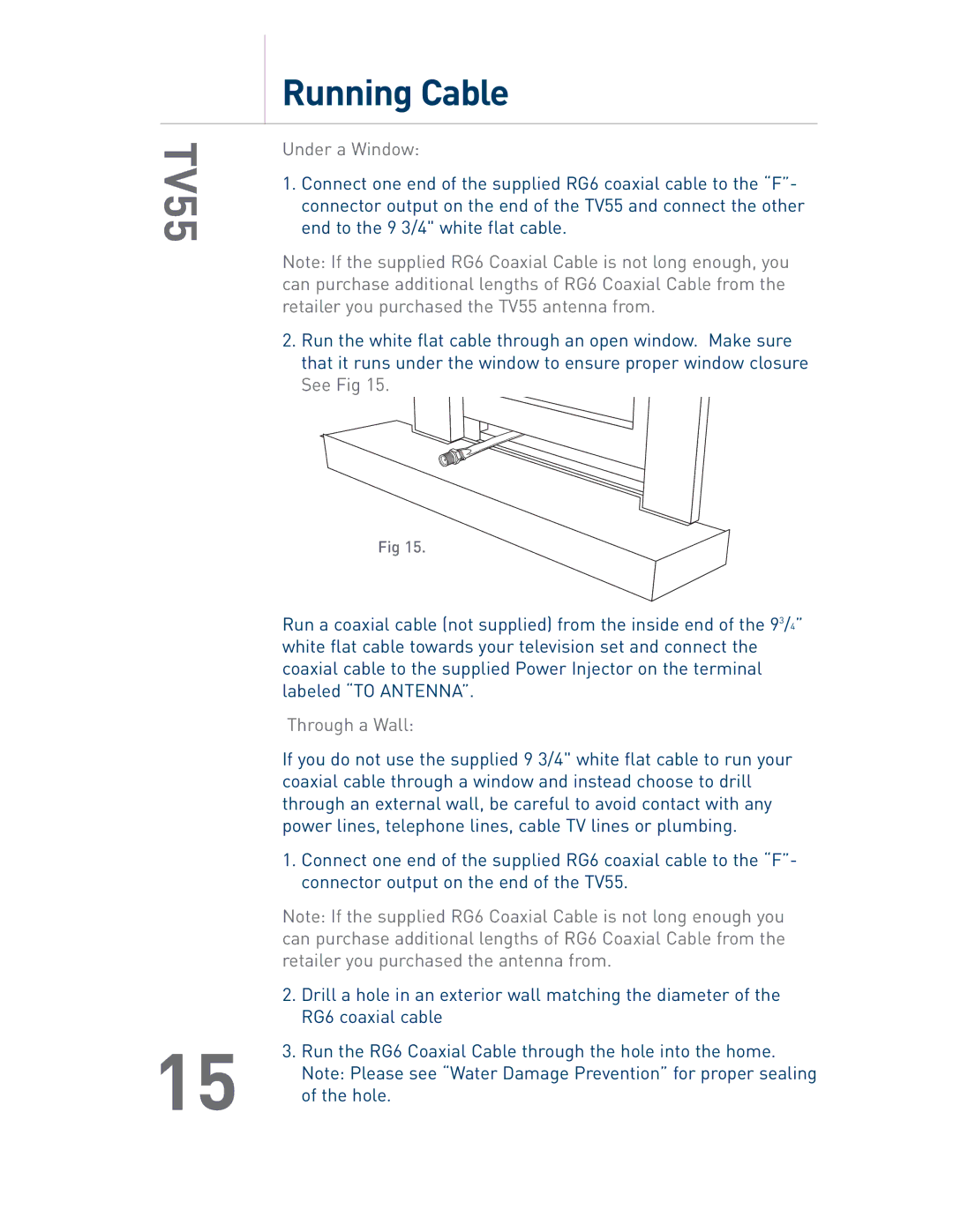 Audiovox TV55 owner manual Running Cable, Under a Window, Through a Wall 