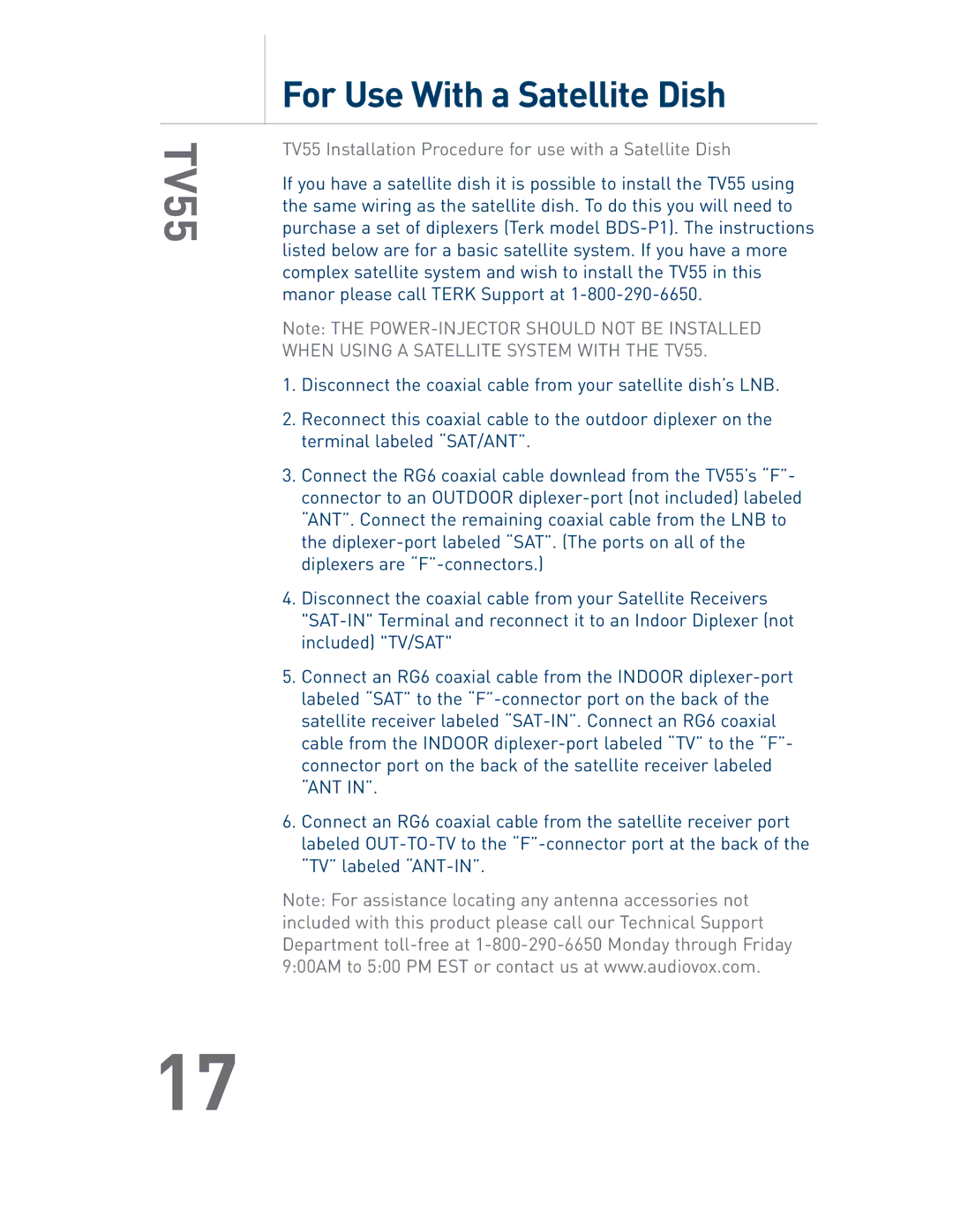 Audiovox owner manual For Use With a Satellite Dish, TV55 Installation Procedure for use with a Satellite Dish 