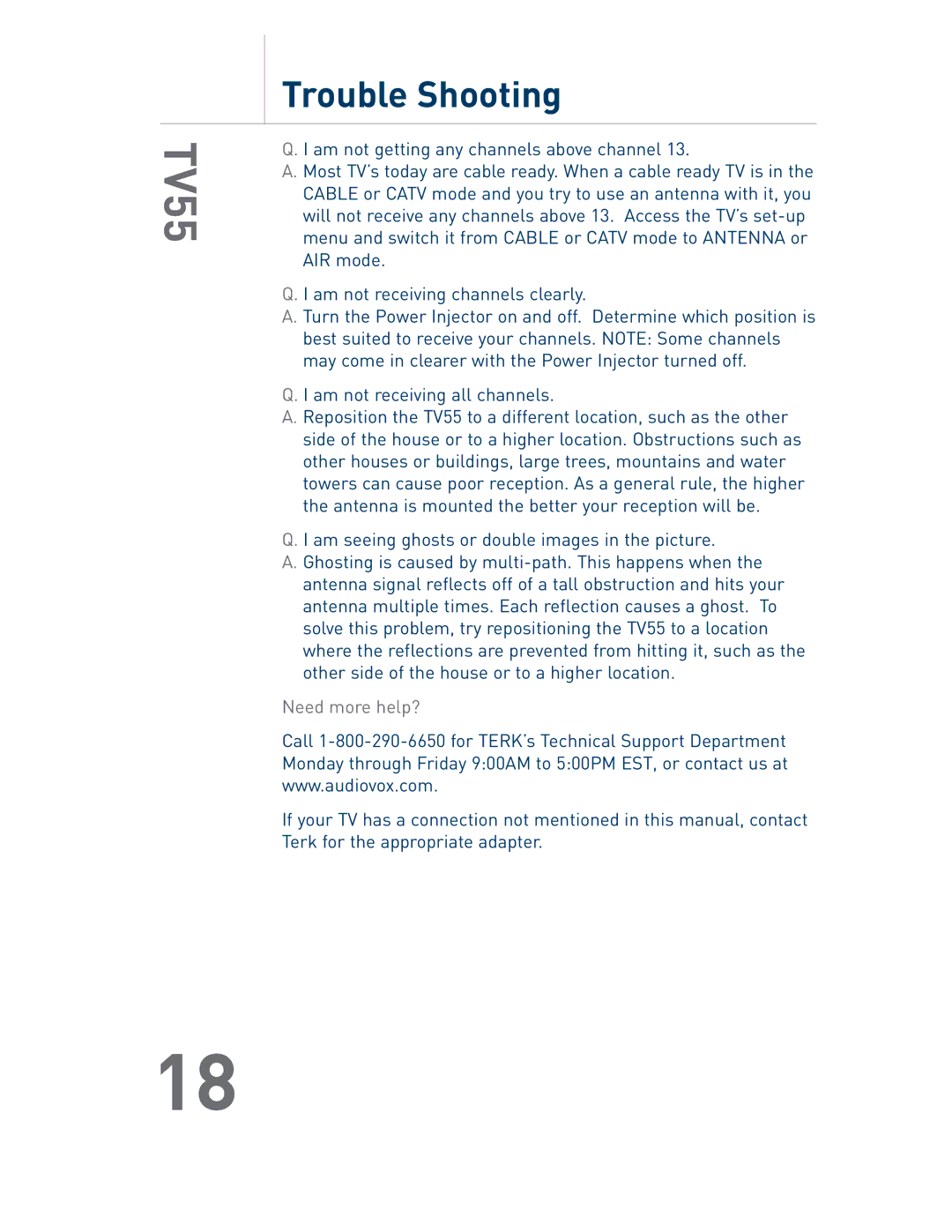 Audiovox TV55 owner manual Trouble Shooting, Need more help? 