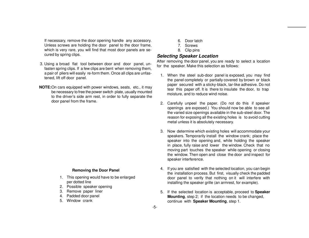 Audiovox TWO-WAY SPEAKERS, Two-Way Speaker owner manual Selecting Speaker Location, Removing the Door Panel 