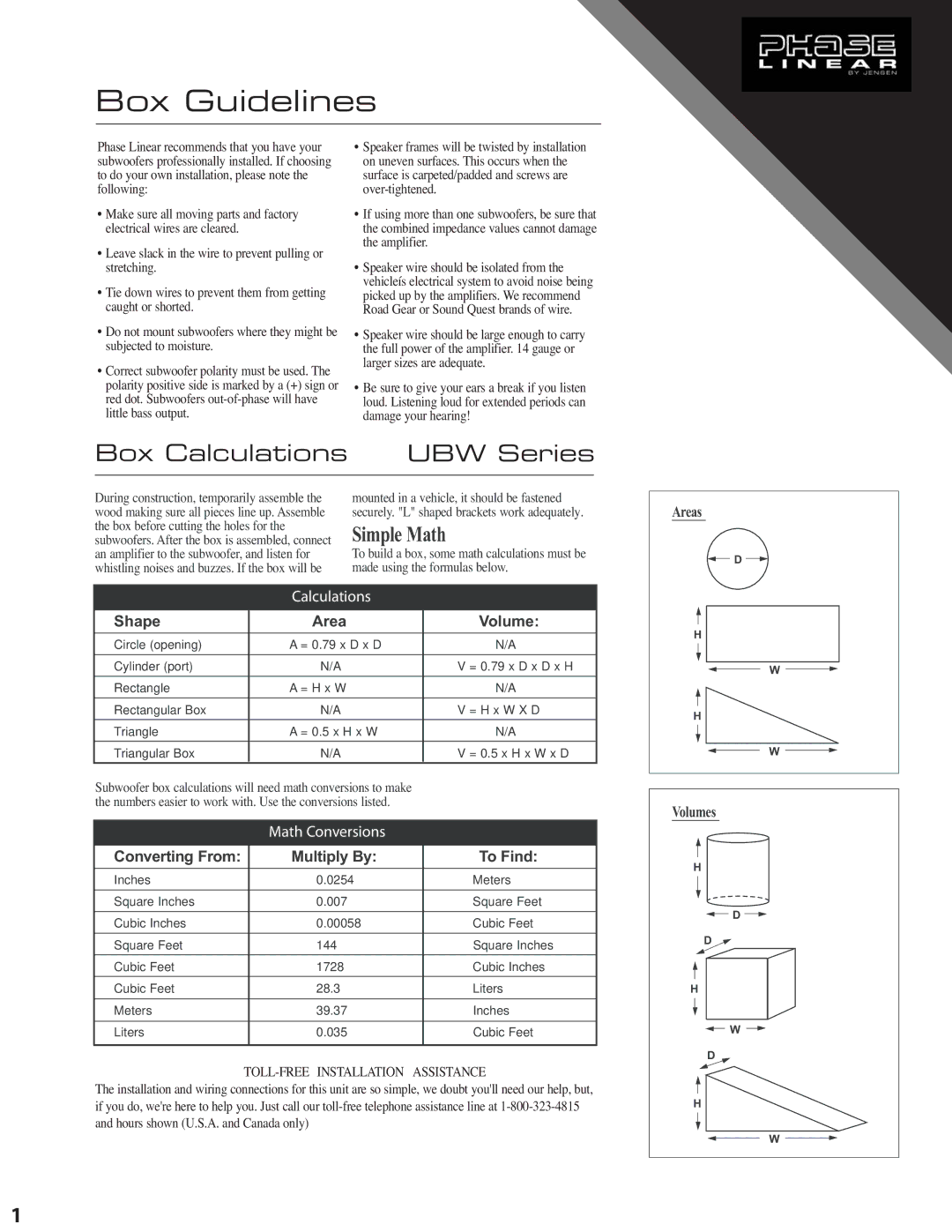 Audiovox UB104W, UB124W Box Calculations UBW Series, Simple Math, Shape Area Volume, Converting From Multiply By To Find 