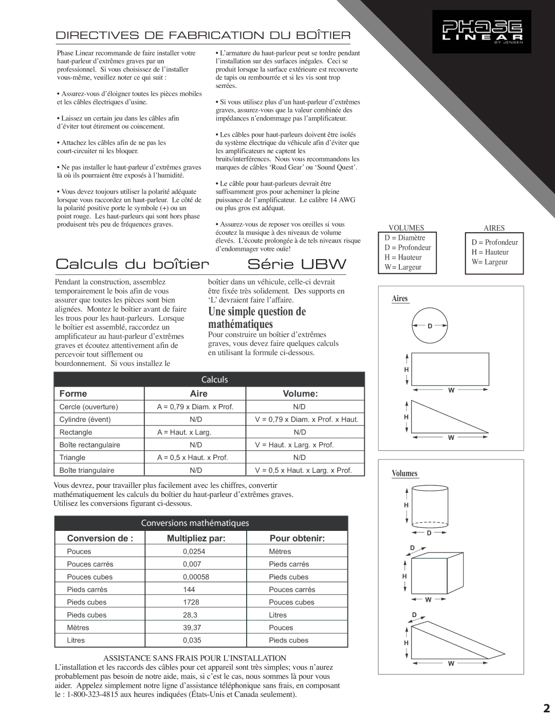 Audiovox UB124W, UB104W owner manual Calculs du boîtier Série UBW, Directives DE Fabrication DU Boîtier, Forme Aire Volume 