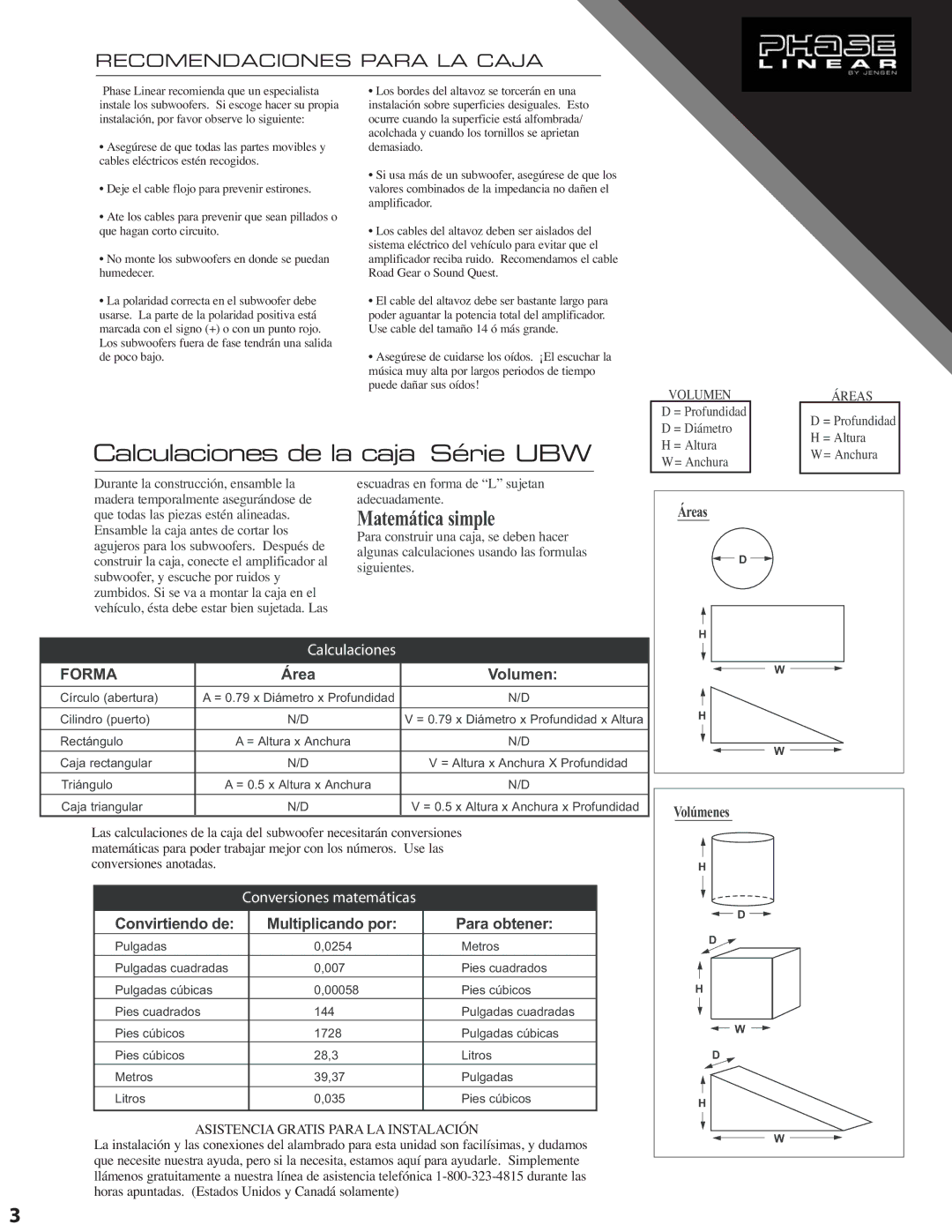 Audiovox UB104W, UB124W Calculaciones de la caja Série UBW, Matemática simple, Recomendaciones Para LA Caja, Área Volumen 