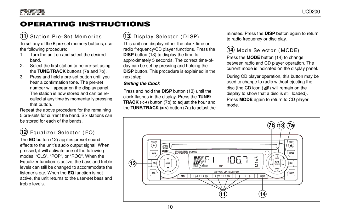 Audiovox UCD200 owner manual Station Pre-Set Memories, Display Selector Disp, Mode Selector Mode, Equalizer Selector EQ 