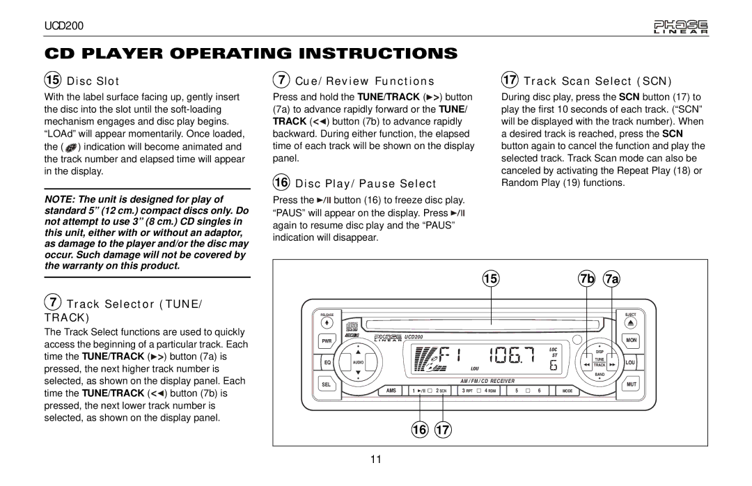 Audiovox UCD200 owner manual CD Player Operating Instructions 