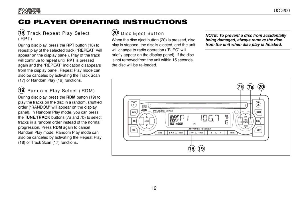 Audiovox UCD200 owner manual Track Repeat Play Select RPT, Disc Eject Button, Random Play Select RDM 