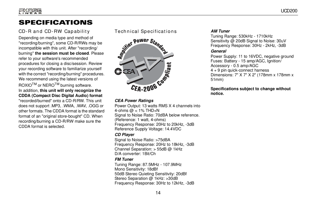 Audiovox UCD200 owner manual CD-R and CD-RW Capability, Technical Specifications 