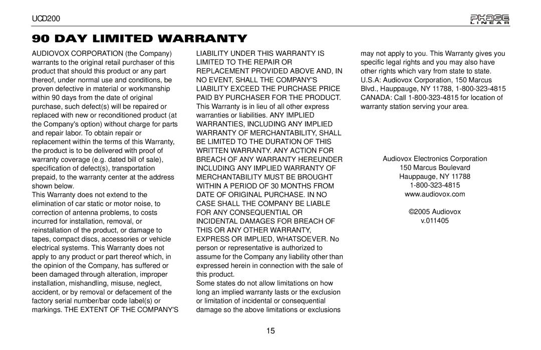 Audiovox UCD200 owner manual DAY Limited Warranty 