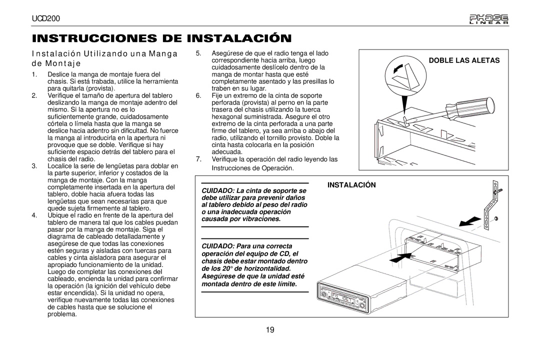 Audiovox UCD200 owner manual Instrucciones DE Instalación, Instalación Utilizando una Manga de Montaje 